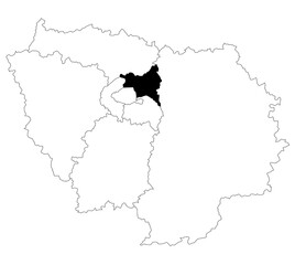 Map of seine Saint Denis department in Ile De France region on white background and highlighted by black colour. Ile-de-France map, departments and prefectures of the Paris Region. 