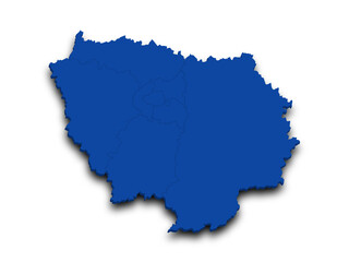 3d Ile-de-France map, departments and prefectures of the Paris Region. Ile de france region administrative map.