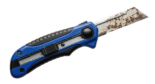 Close-up macro of a distressed royal blue utility knife with a fully extended, rusty, scored blade, isolated on a brilliant white studio background under hard side-lighting. Gritty industrial