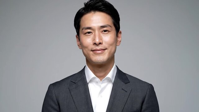 Confident man in a dark suit, smiling subtly against a plain backdrop