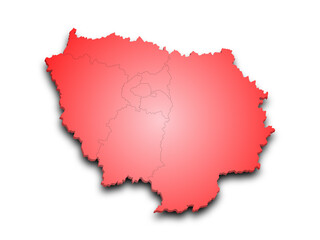 3d Ile-de-France map, departments and prefectures of the Paris Region. Ile de france region administrative map.
