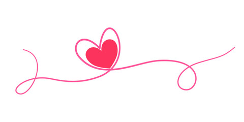 A pink continuous line drawing of Red hearts and colorful symbols of love. Romantic symbols in a simple, straight-line style. Outlines are adjustable. Doodle vector illustration.Valentines day concept