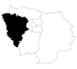 Map of yvelines department in Ile De France region on white background and highlighted by black colour. Ile-de-France map, departments and prefectures of the Paris Region. Ile de france region.