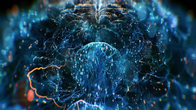 Abstract Visualization of Active Neurons Inside Human Brain Representing Intelligence Learning Signals. 3d Advanced Technology In Science Medicine Artificial Intelligence and Cognitive Research 4k