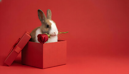 Bunny's Gift: A charming bunny peeks out of a vibrant red gift box, holding a delicate rose, symbolizing love and affection. A delightful moment of giving and receiving.