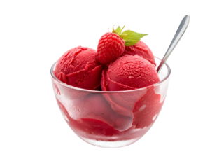 Delicious Raspberry Sorbet Scoops in Glass Bowl with Fresh Berry and Spoon Isolated on Transparen...
