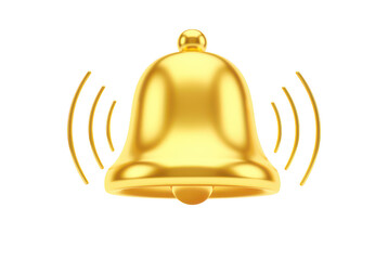 Gold ringing bell 3d icon on transparent background, shiny metallic alarm notification symbol with sound waves, app UI alert button design element
