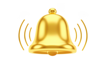 Gold ringing bell 3d icon on transparent background, shiny metallic alarm notification symbol with sound waves, app UI alert button design element
