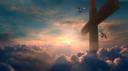 Wooden cross at sunrise with sunlight shining through, birds flying in blue and orange clouds, symbolizing Jesus&rsquo; death on Easter, peace, hope, divine love, spiritual reflection and celebration