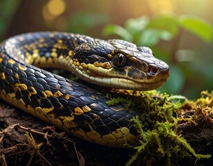 Obraz premium Close-up of a snake resting on a mossy log with lush greenery