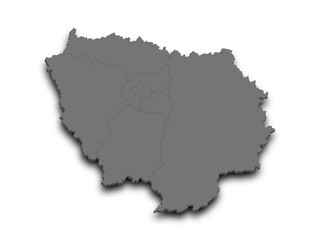 3d Ile-de-France map, departments and prefectures of the Paris Region. Ile de france region administrative map.