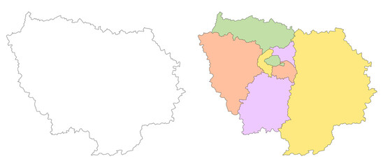 Ile-de-France map, departments and prefectures of the Paris Region. Ile de france region administrative map.