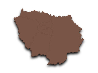 3d Ile-de-France map, departments and prefectures of the Paris Region. Ile de france region administrative map.