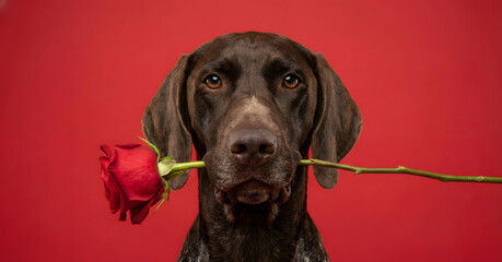 Dog with Rose: A charming canine holds a red rose in its mouth, conveying love and affection against a vibrant background.