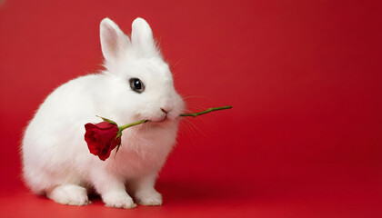 Bunny's Tender Rose: A fluffy, snow-white bunny delicately holds a vibrant red rose in its mouth, against a rich backdrop of crimson. A sweet, romantic gesture.