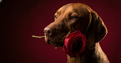 Vizsla with a Rose: A handsome Vizsla, with its sleek coat, is captured in a heartwarming moment, holding a vibrant red rose in its mouth against a rich background.