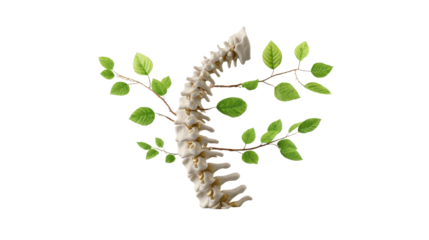Human spine structure growing green leaves and branches representing natural health and wellness, transparent background