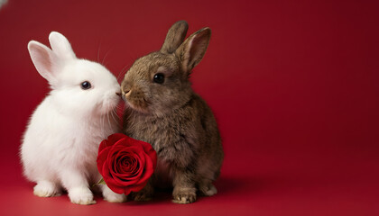 Cuteness in Bloom: Two adorable rabbits share a sweet moment with a vibrant red rose, creating a picture of affection and tenderheartedness, perfect for representing love and companionship.