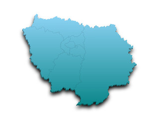 3d Ile-de-France map, departments and prefectures of the Paris Region. Ile de france region administrative map.