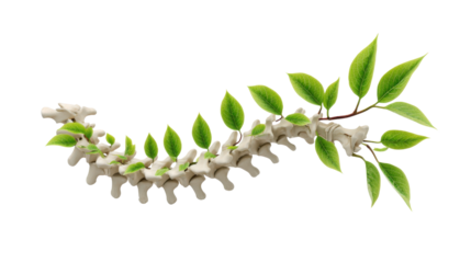 Human spine with green leaves growing, symbolizing healing, growth, wellness, naturopathy, and back health