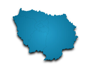 3d Ile-de-France map, departments and prefectures of the Paris Region. Ile de france region administrative map.