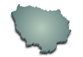 3d Ile-de-France map, departments and prefectures of the Paris Region. Ile de france region administrative map.