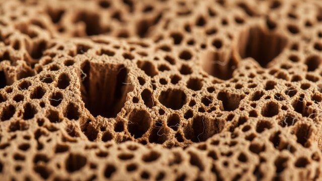 Intricate macro view of a naturalistic porous brown surface displaying countless small