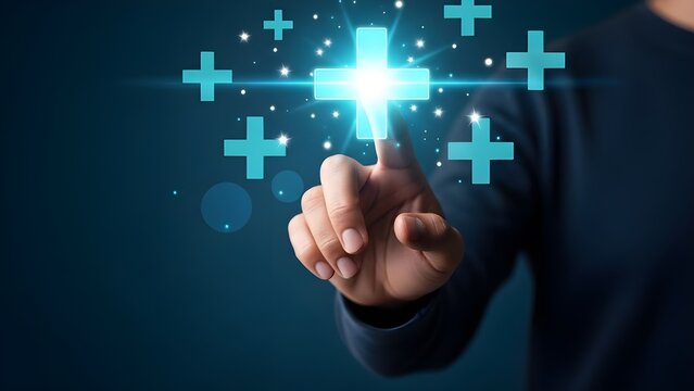 Man's hand touching glowing blue plus sign for positive growth and benefit concept - Powered by Adobe
