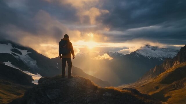 A cinematic wide-angle shot of a stunning golden sunset illuminating the Swiss Alps