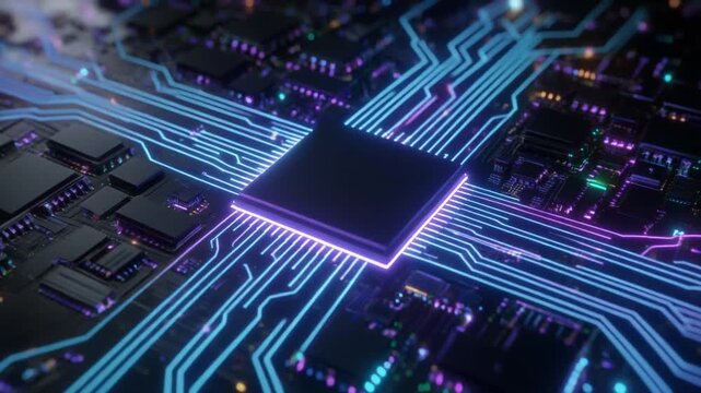 A cinematic close-up of a glowing computer CPU chip floating in a dark futuristic server room