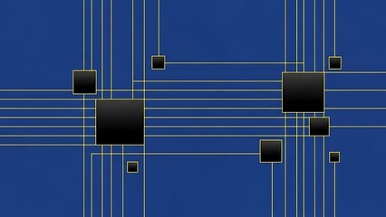 Abstract Blue Grid with Intersecting Lines and Black Squares.