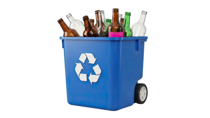 Blue recycling bin filled with glass bottles