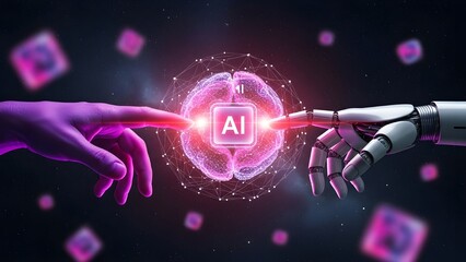 Human and Robot Hands Touching with AI Brain Hologram