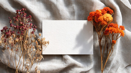 A minimalist composition featuring dried flowers and a blank card, perfect for showcasing your message