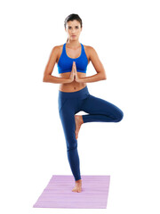 Portrait, fitness woman or tree pose in studio with prayer hands for yoga, balance or mindfulness. Active, female person or exercise with mudra for stability, wellness or namaste on white background.