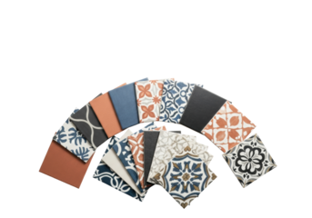 a collection of 15 new ceramic and porcelain tiles in terracotta, navy, and intricate art deco patterns, arranged in an elegant fan on a vast white background with copy space. concept for home decor