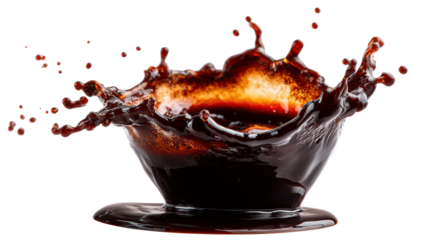 Dark brown liquid splashing and dropping, creating an energetic crown and droplets. Dynamic movement for beverage concepts
