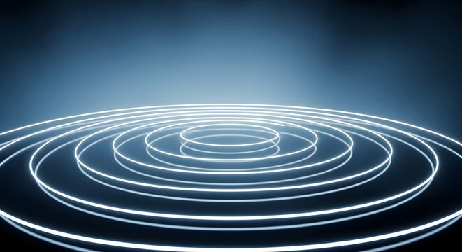A mesmerizing digital illustration of glowing white concentric circles on a dark blue gradient background - Powered by Adobe