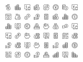 Coin icon set. Vector line icons collection. Outline symbols. Modern design