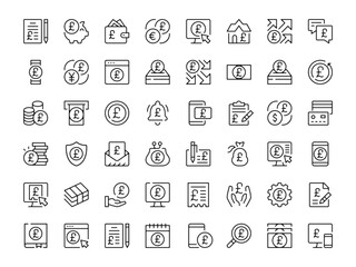 British pound icon set. Vector line icons collection. Outline symbols. Modern design