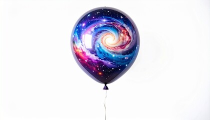 Single inflated balloon with vivid galaxy design, swirling blue, purple, pink, orange patterns, star‑like specks, white background.