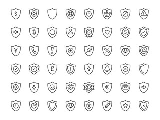 Shield icon set. Vector line icons collection. Outline symbols. Modern design