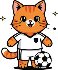 A cheerful orange tabby cat mascot in a white soccer jersey standing with a football.