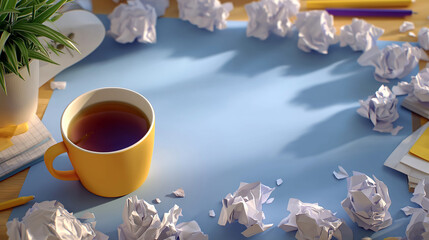 Brainstorming Workspace: A vibrant workspace scene with crumpled paper balls encircling a central expanse of light blue, complemented by a calming tea cup, a fresh plant, and pens.