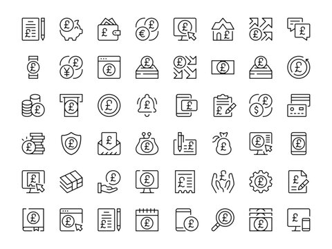 British pound icon set. Vector line icons collection. Outline symbols. Modern design