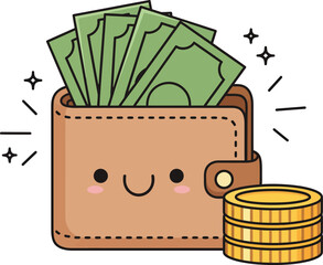 A cute kawaii cartoon wallet with a smiling face full of green cash banknotes and a stack of shiny gold coins.