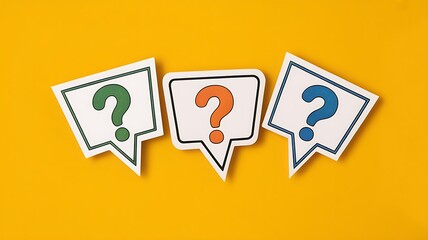 Three speech bubble shapes with question marks in green, orange, and blue on a yellow background