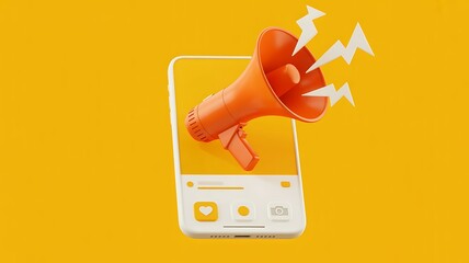 Digital megaphone emerging from smartphone screen announcing news and promotions