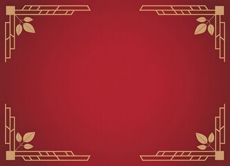 Elegant art deco border design with golden accents and leaf motifs on red background