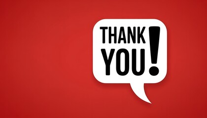 A simple and clear graphic with the words "thank you" in bold black text on a white speech bubble against a solid red background.